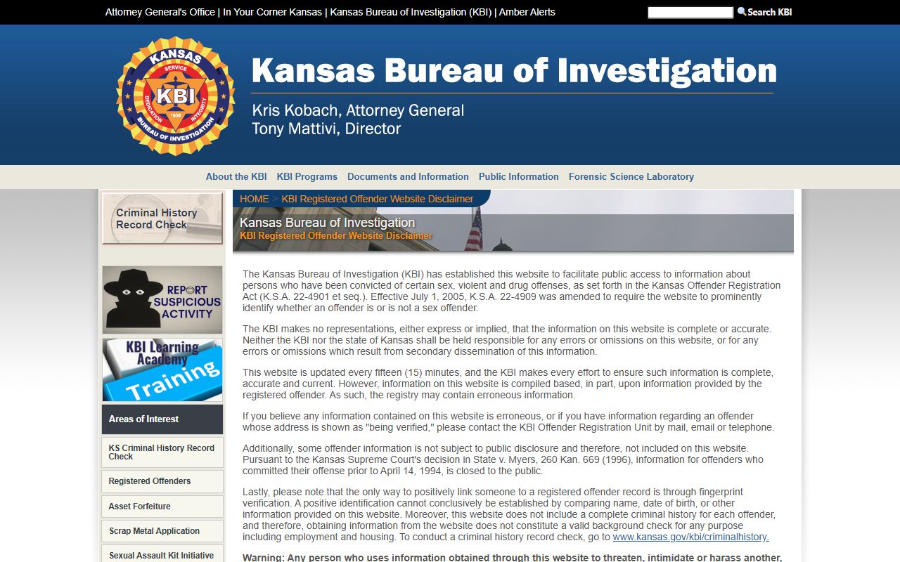 Ellsworth County arrest records KBI offender search source