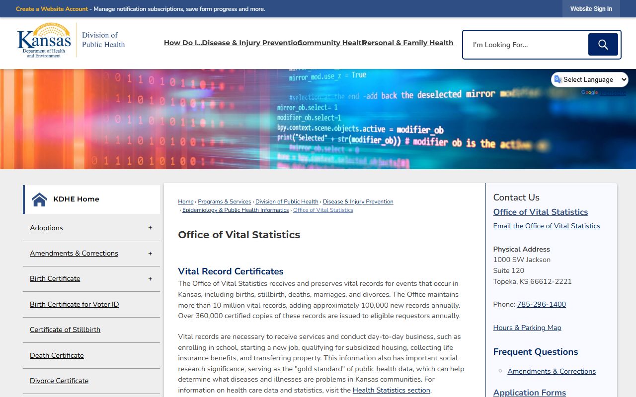 Ellsworth County inmate records KDHE Office of Vital Statistics source